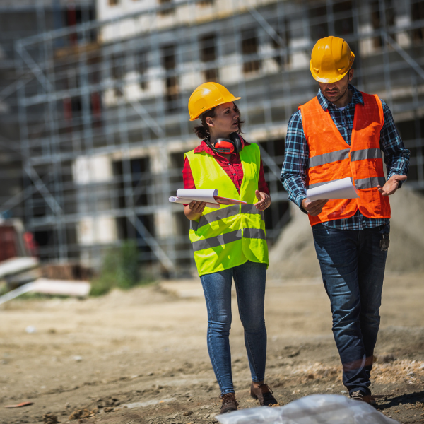 Construction professionals reviewing plans on site as part of building safety and risk management