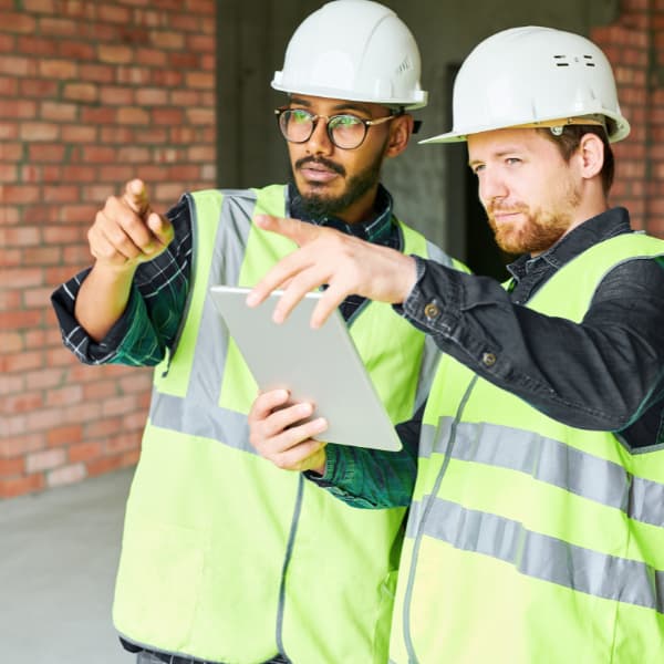 Construction professionals reviewing site information as part of building safety management